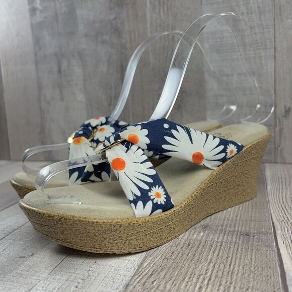 Island Slipper Hawaii Women's Wedge Sandals Floral Tropical Navy White Size 6 - Picture 1 of 12